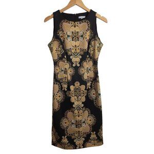 New York & Co Sheath Dress Womens S Black Gold Geometric Print Sleeveless
